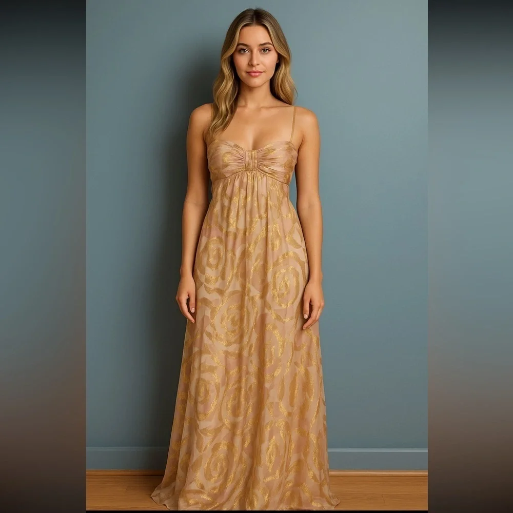 Oleg Cassini Metallic Foil Chiffon Maxi Dress - 8